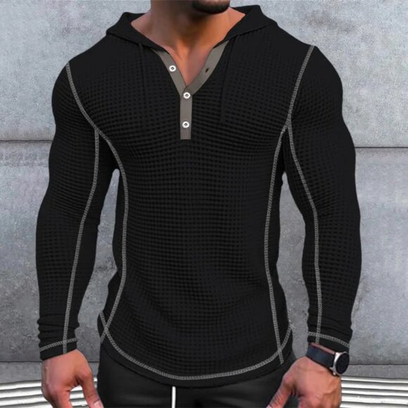 Manly Waffle Long Sleeve Black Casual Hoodie Mens Size Medium NWT - Picture 1 of 5